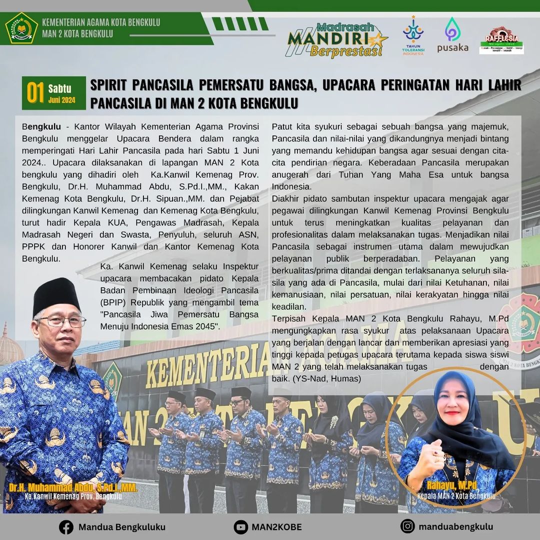 Spirit Pancasila Pemersatu Bangsa, Upacara Peringatan Hari Lahir Pancasila Di Man 2 Kota Bengkulu