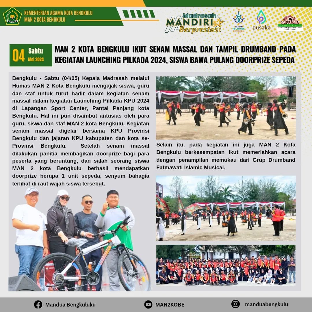 Man 2 Kota Bengkulu Ikut Senam Massal Dan Tampil Drumband Pada Kegiatan Launching Pilkada 2024, Siswa Bawa Pulang Doorprize Sepeda